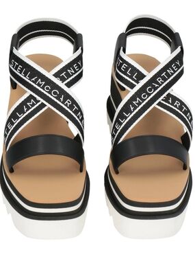 Stella McCartney Black and White Crisscross Platform Sandals with Logo Straps